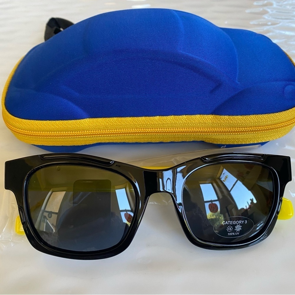 BOGO.  Black kids Sunglasses with Blue and Yellow Car Case NWOT